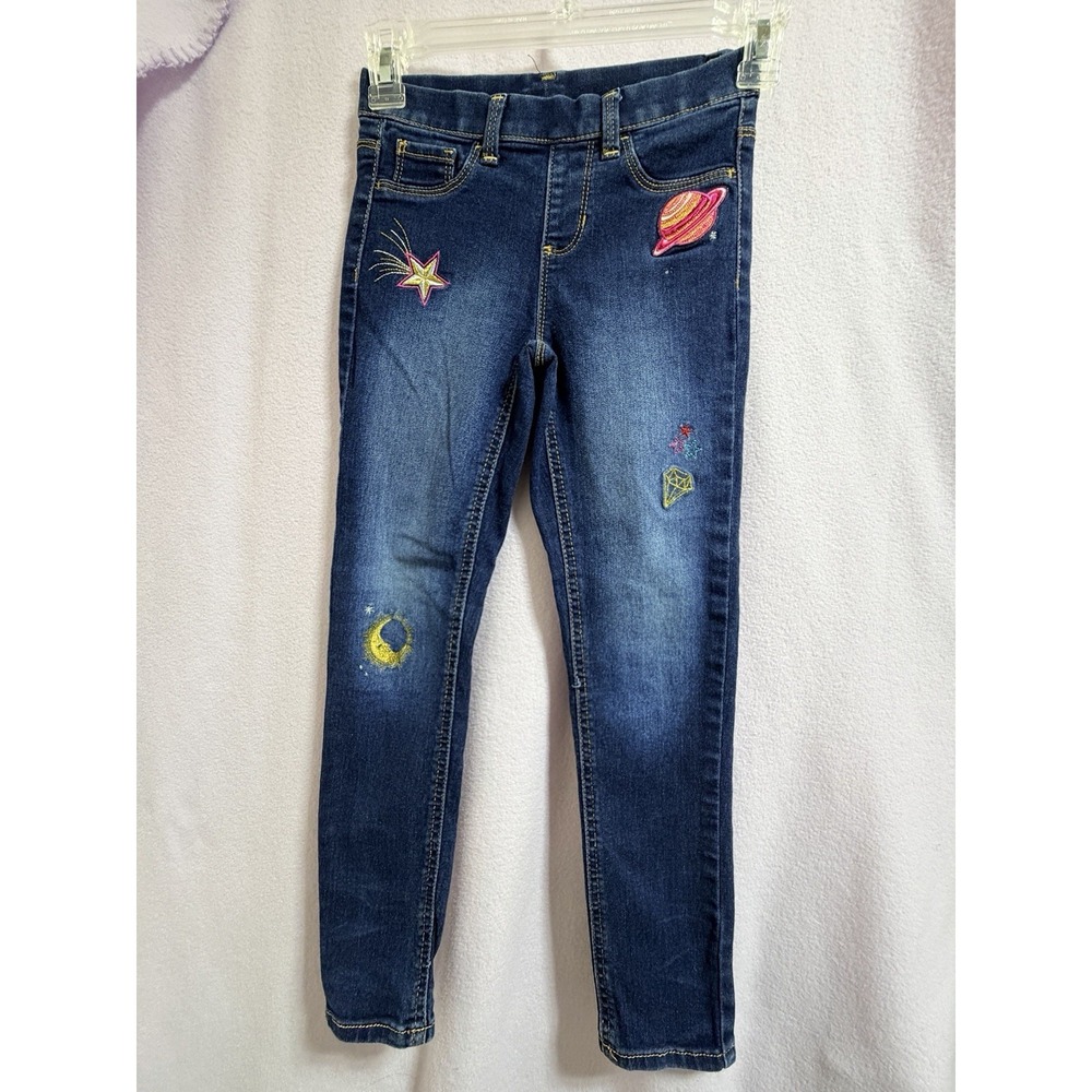 Girls Sz Medium (7-8) Embroidered Denim Pull On Blue Jeans Stretchy Jeggings